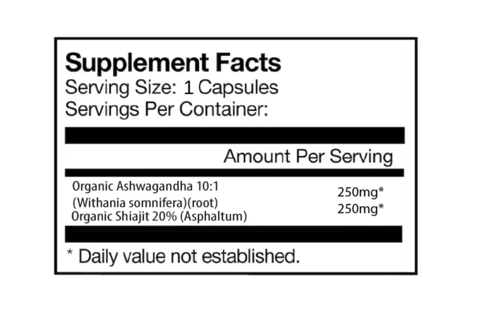 Ashwagandha and shilajit supplement label