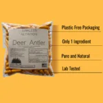 Deer antler bullet points on why you should order with Junkless Nutrition: Plastic free packaging, only 1 ingredient, pure and natural, lab tested