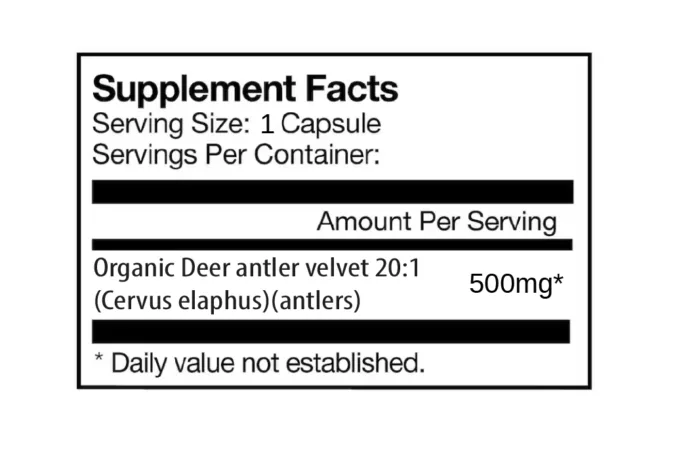 White Junkless Nutrition supplement facts label of 500 mg deer antler velvet 20:1