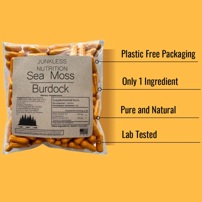 Bullet points on why you should order Junkless Nutrition Sea moss and burdock: Plastic-free packaging, single ingredient, pure and natural, lab-tested