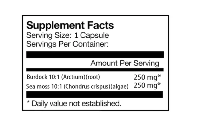 Supplement facts of 10:1 sea moss and 10:1 burdock , 125 mg of each supplement