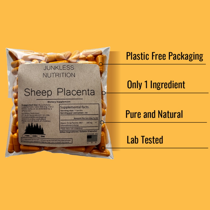 Sheep placenta bullet points on why you should choose use Junkless Nutrition: Plastic free, Pure and nature, only 1 ingredient