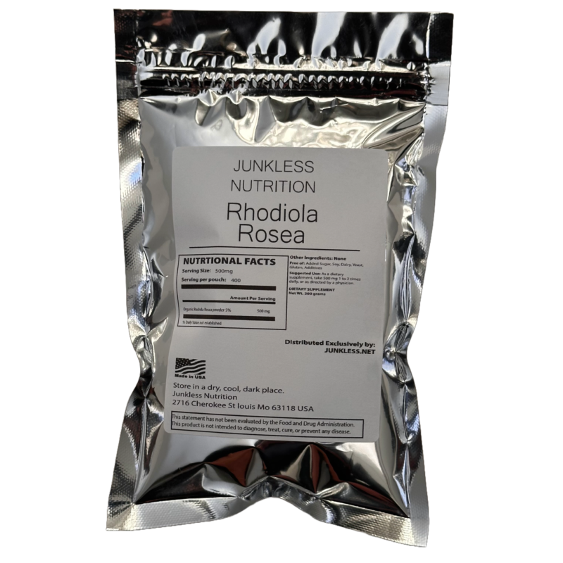 Pure rhodiola rosea powder in a silver pouch