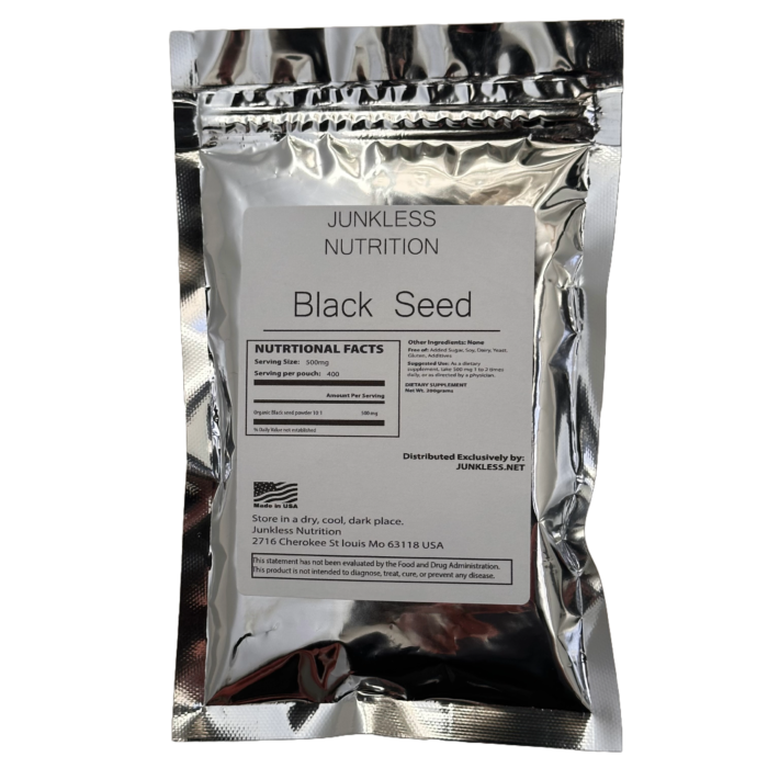Pure black seed powder in a silver pouch