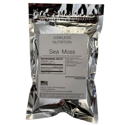 Pure sea moss powder in a silver pouch