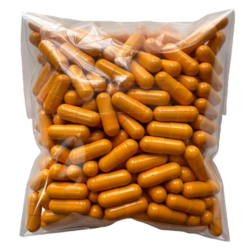 Clear bag of orange herbal supplement capsules