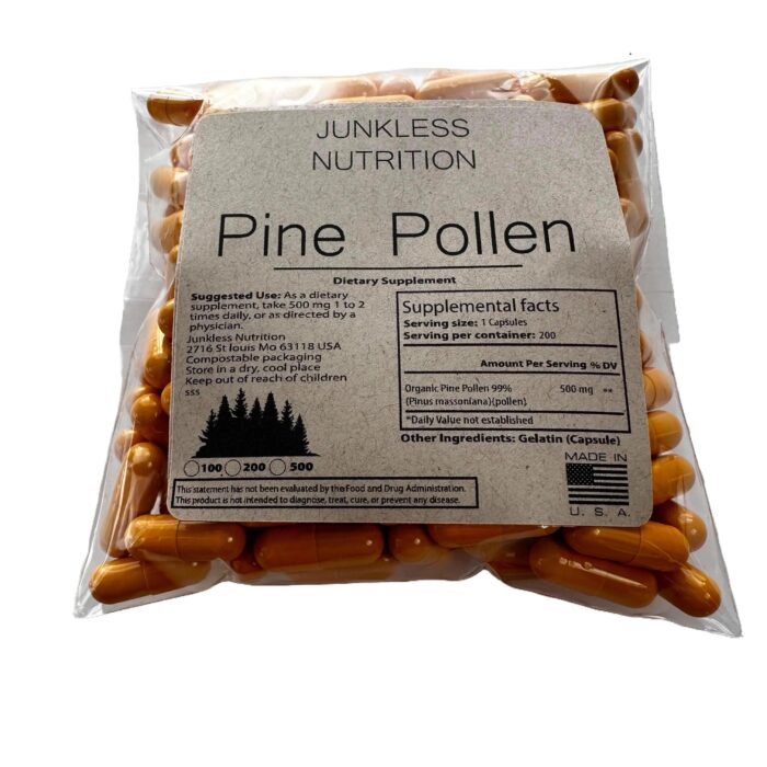 200 pine pollen supplement in a clear pouch