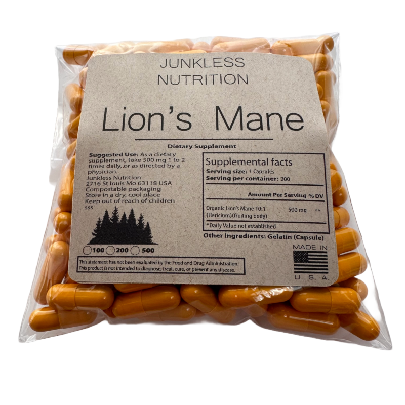 Pouch of 200 lions mane capsules in a clear bag
