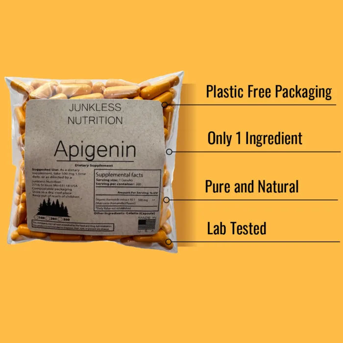 Bullet points on why you should order Junkless Nutrition Apigenin: Plastic-free packaging, single ingredient, pure and natural, lab-tested