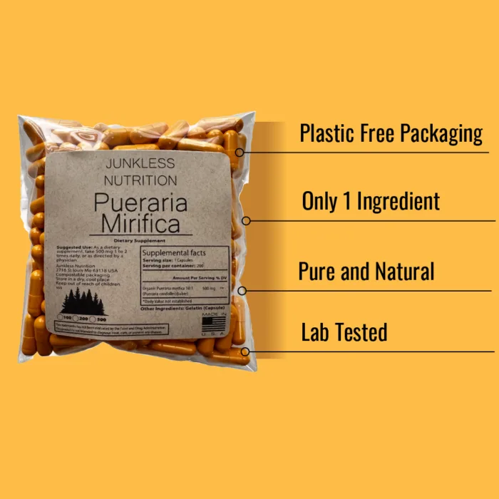 Bullet points on why you should order Junkless Nutrition Pueraria mirifica: Plastic-free packaging, single ingredient, pure and natural, lab-tested