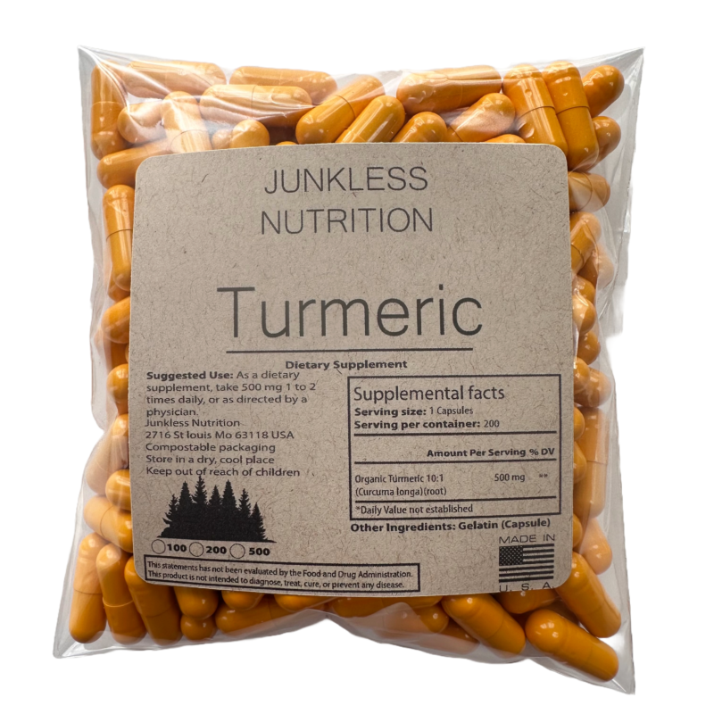 500mg Turmeric capsules in a clear pouch