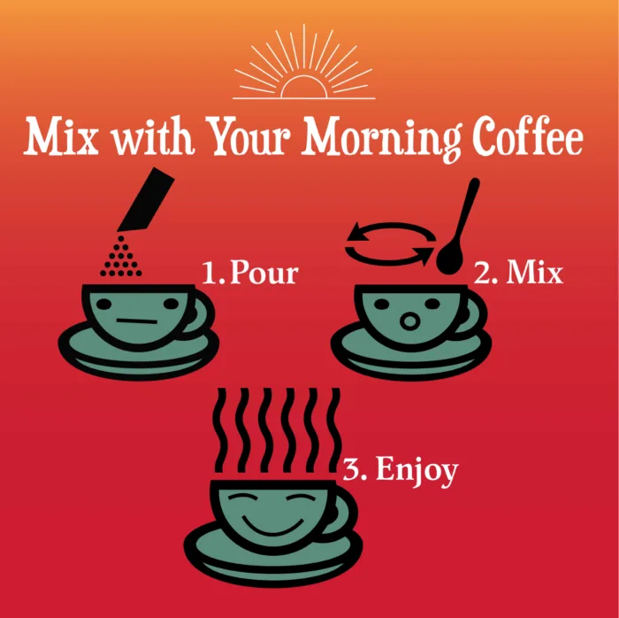 Mix powder extracts in your morning coffee instructions. 1. Pour 2. Mix 3. Enjoy