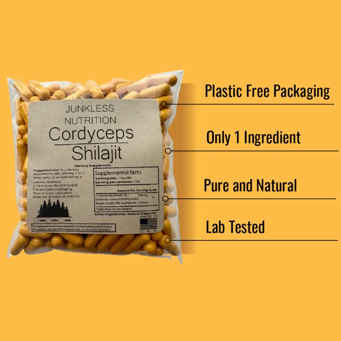 Bullet points on why you should order Junkless Nutrition's Cordyceps and shilajit: Plastic-free packaging, single ingredient, pure and natural, lab-tested