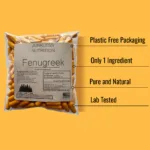 Bullet points on why you should order Junkless Nutrition's Fenugreek: Plastic-free packaging, single ingredient, pure and natural, lab-tested