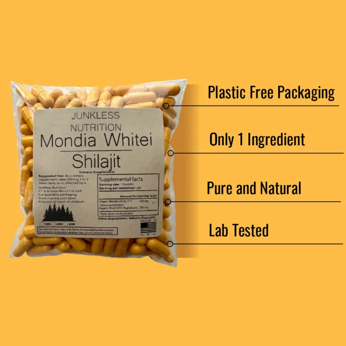 Bullet points on why you should order Junkless Nutrition Mondia whitei and shilajit: Plastic-free packaging, single ingredient, pure and natural, lab-tested