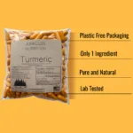 Bullet points on why you should order Junkless Nutrition's Turmeric: Plastic-free packaging, single ingredient, pure and natural, lab-tested