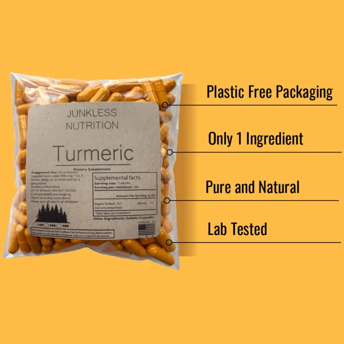 Bullet points on why you should order Junkless Nutrition's Turmeric: Plastic-free packaging, single ingredient, pure and natural, lab-tested